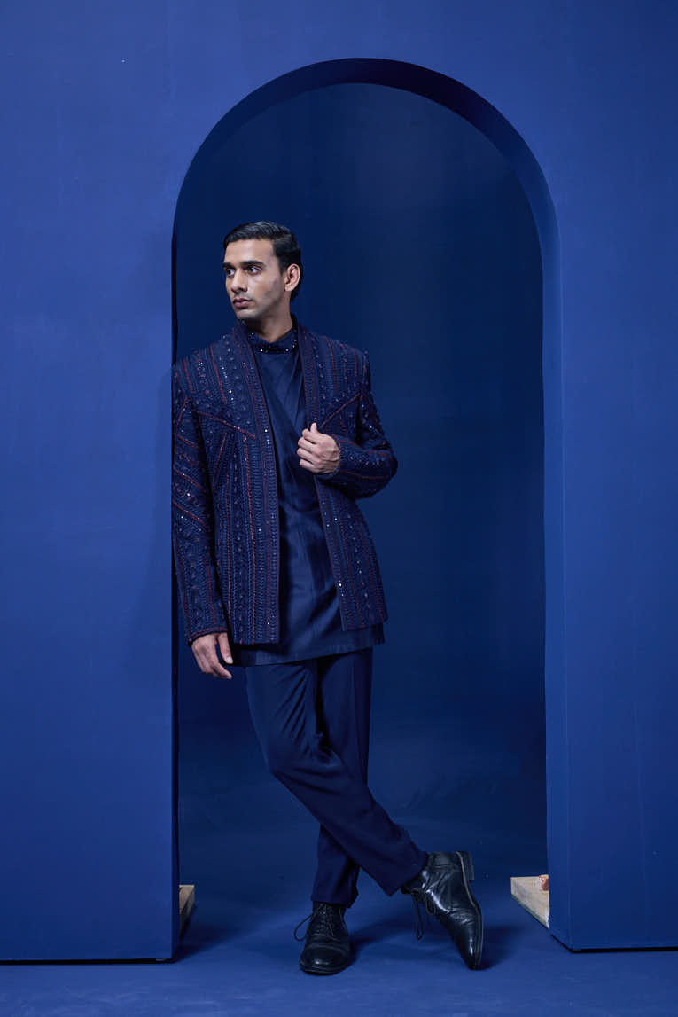 Navy Blue open bandhgala 
with thread sequins & pearl
work