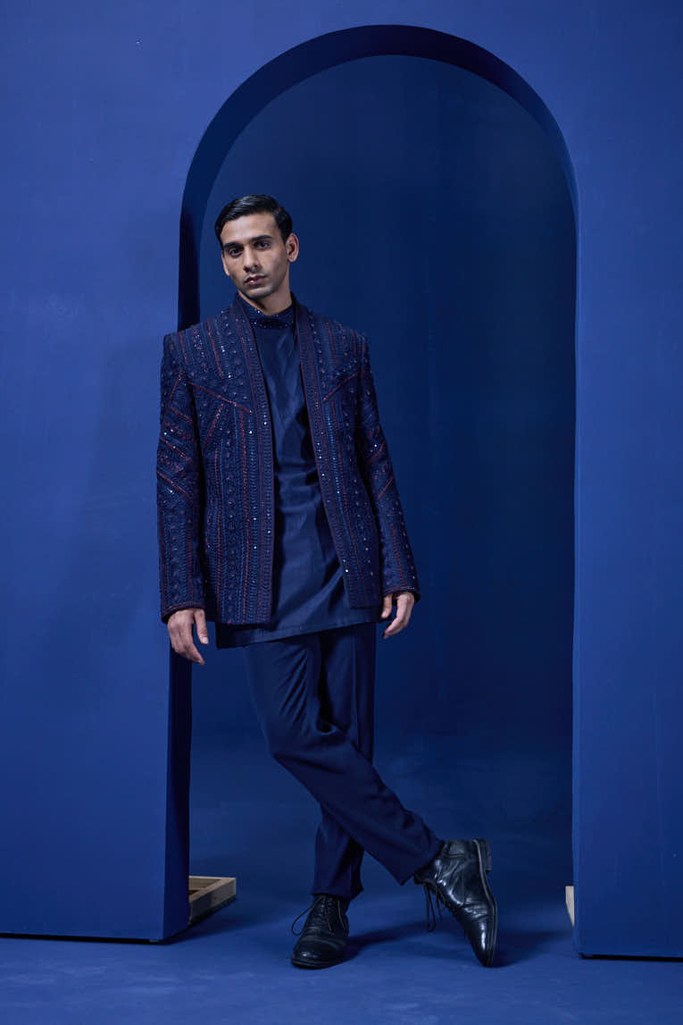 Navy Blue open bandhgala 
with thread sequins & pearl
work