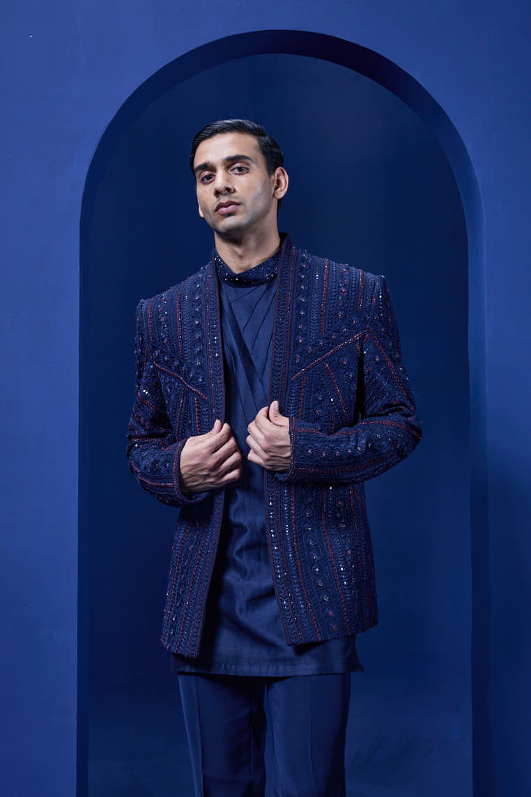 Navy Blue open bandhgala 
with thread sequins & pearl
work