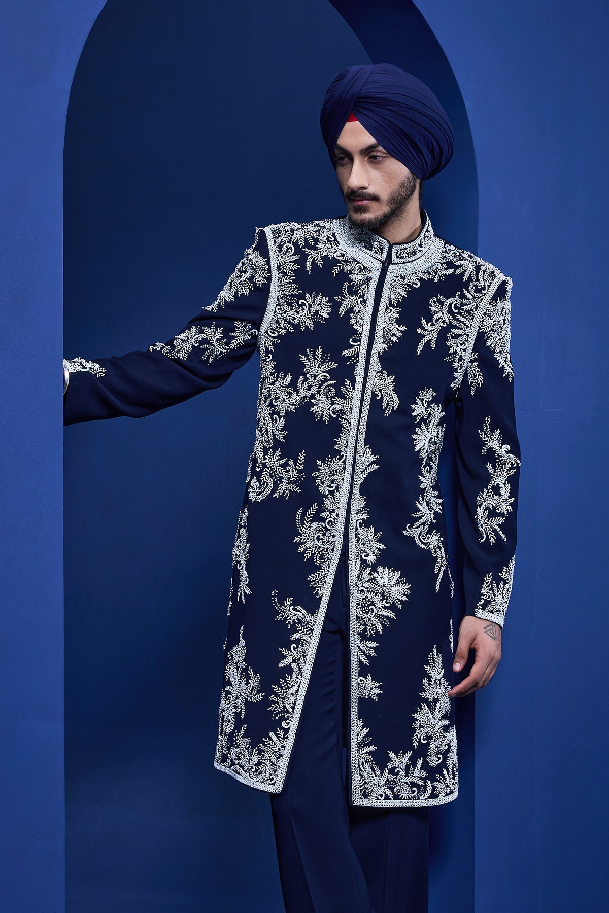 Navy blue Indo Western highlighted with sequins pearls cutdana and spring thread work