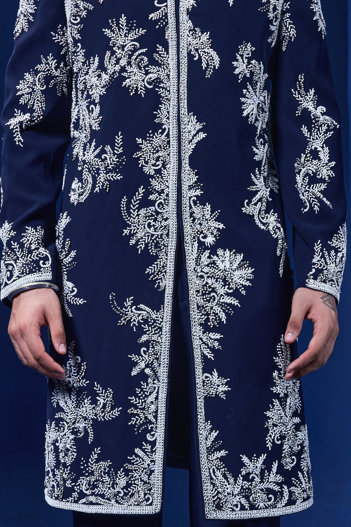 Navy blue Indo Western highlighted with sequins pearls cutdana and spring thread work