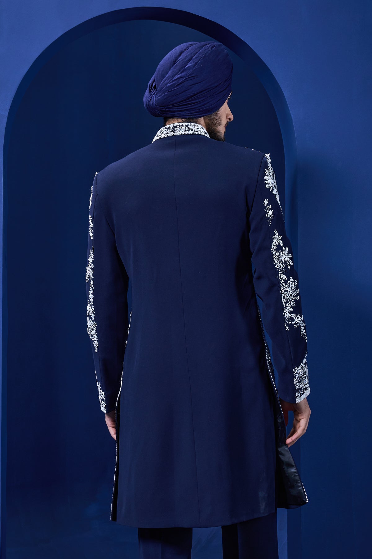 Navy blue Indo Western highlighted with sequins pearls cutdana and spring thread work