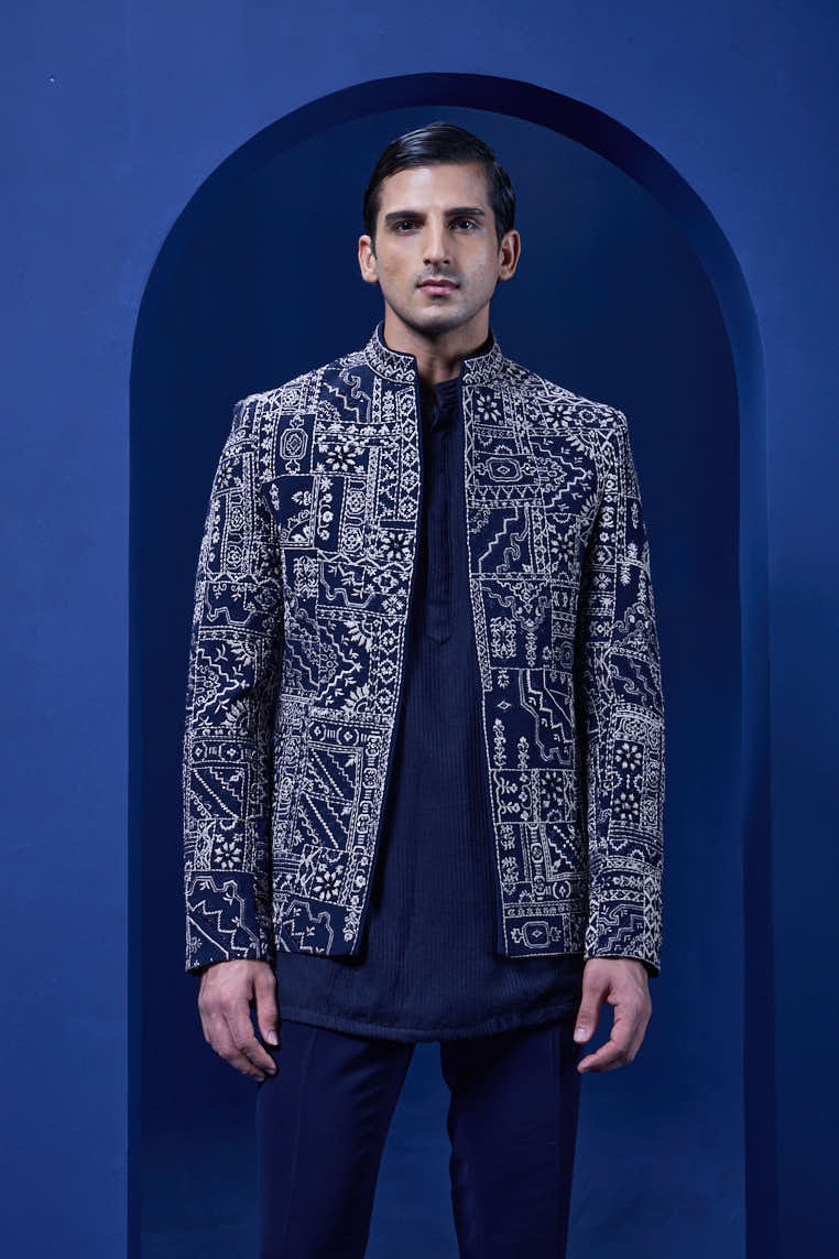 Navy Blue open bandhgala 
with thread sequins & pearl
work