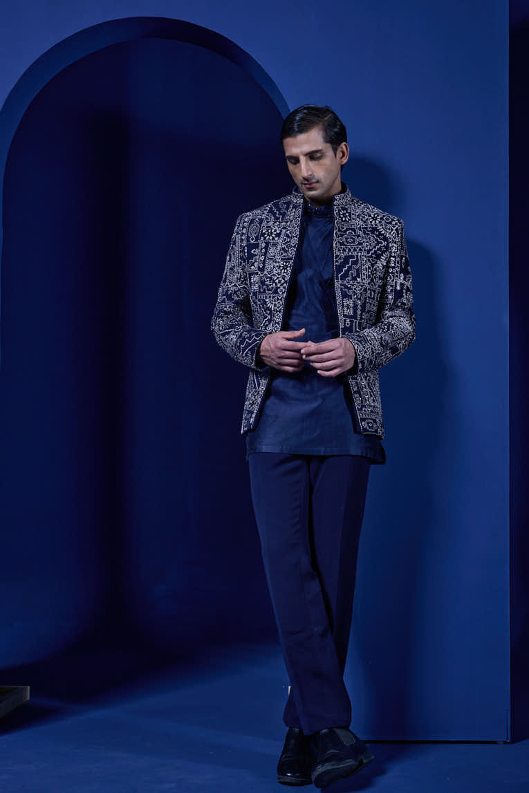 Navy Blue open bandhgala 
with thread sequins & pearl
work