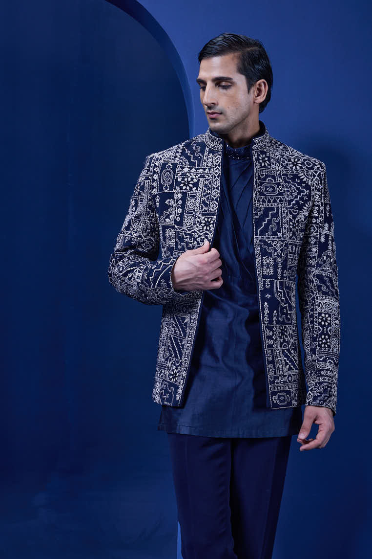 Navy Blue open bandhgala 
with thread sequins & pearl
work