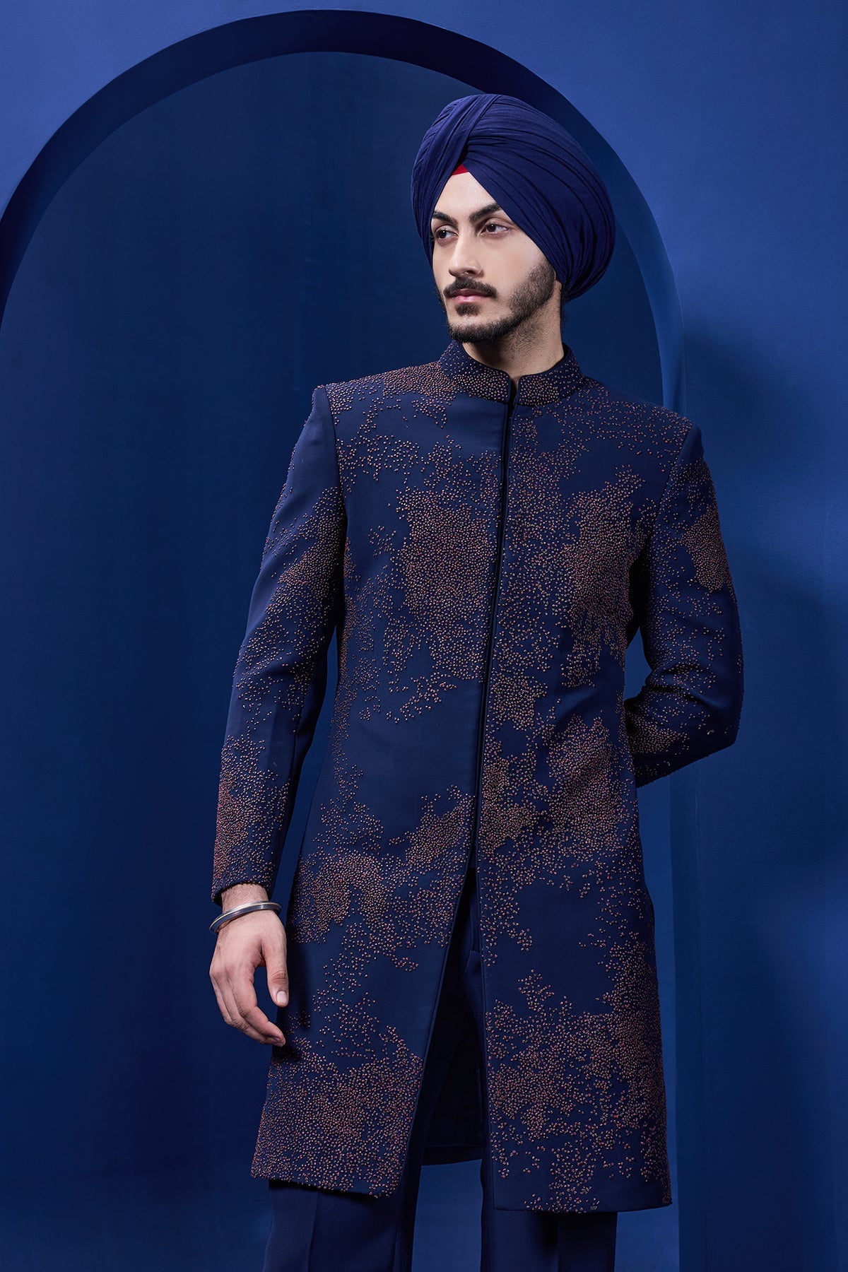 Navy blue indowestern detailing with thread work