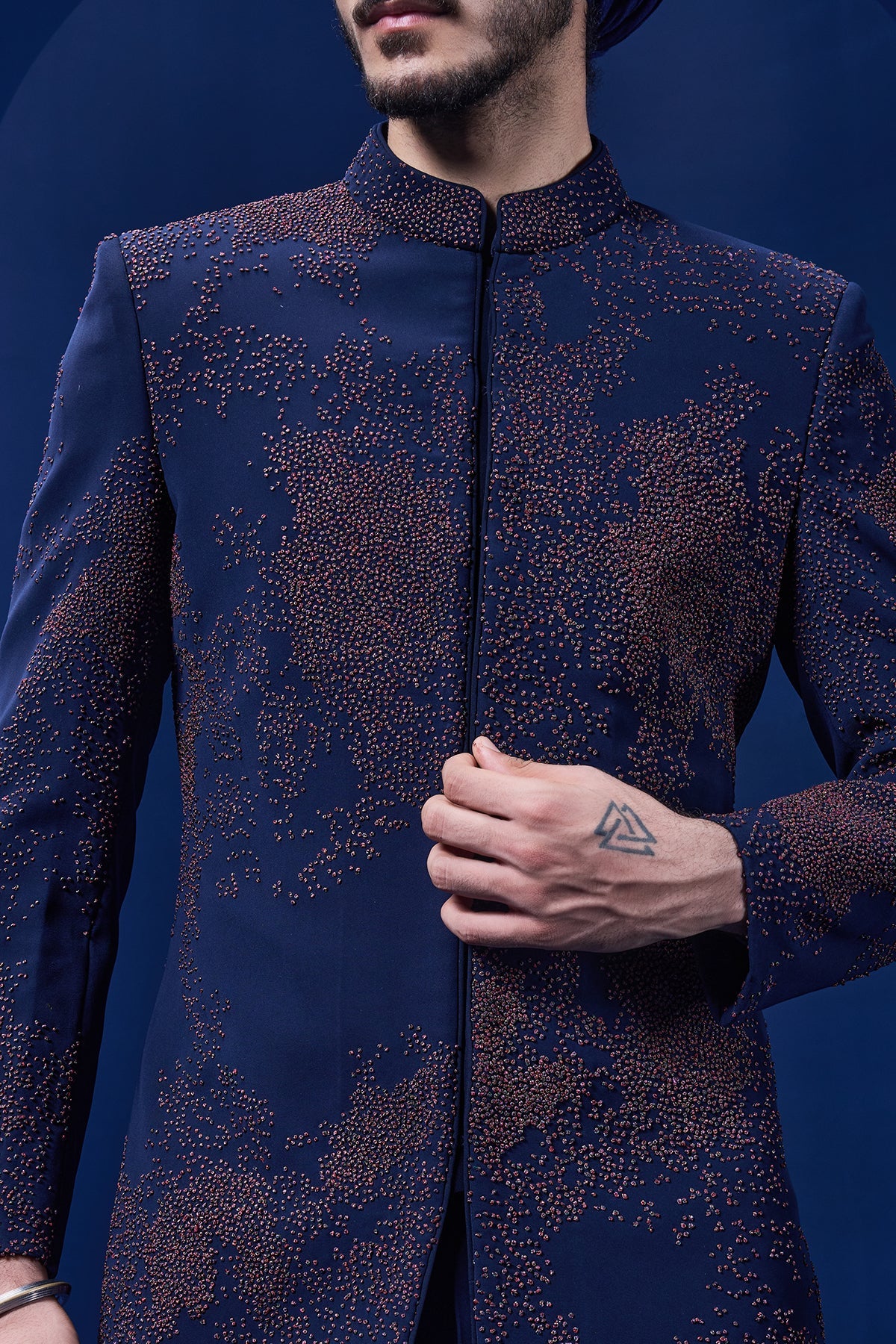 Navy blue indowestern detailing with thread work