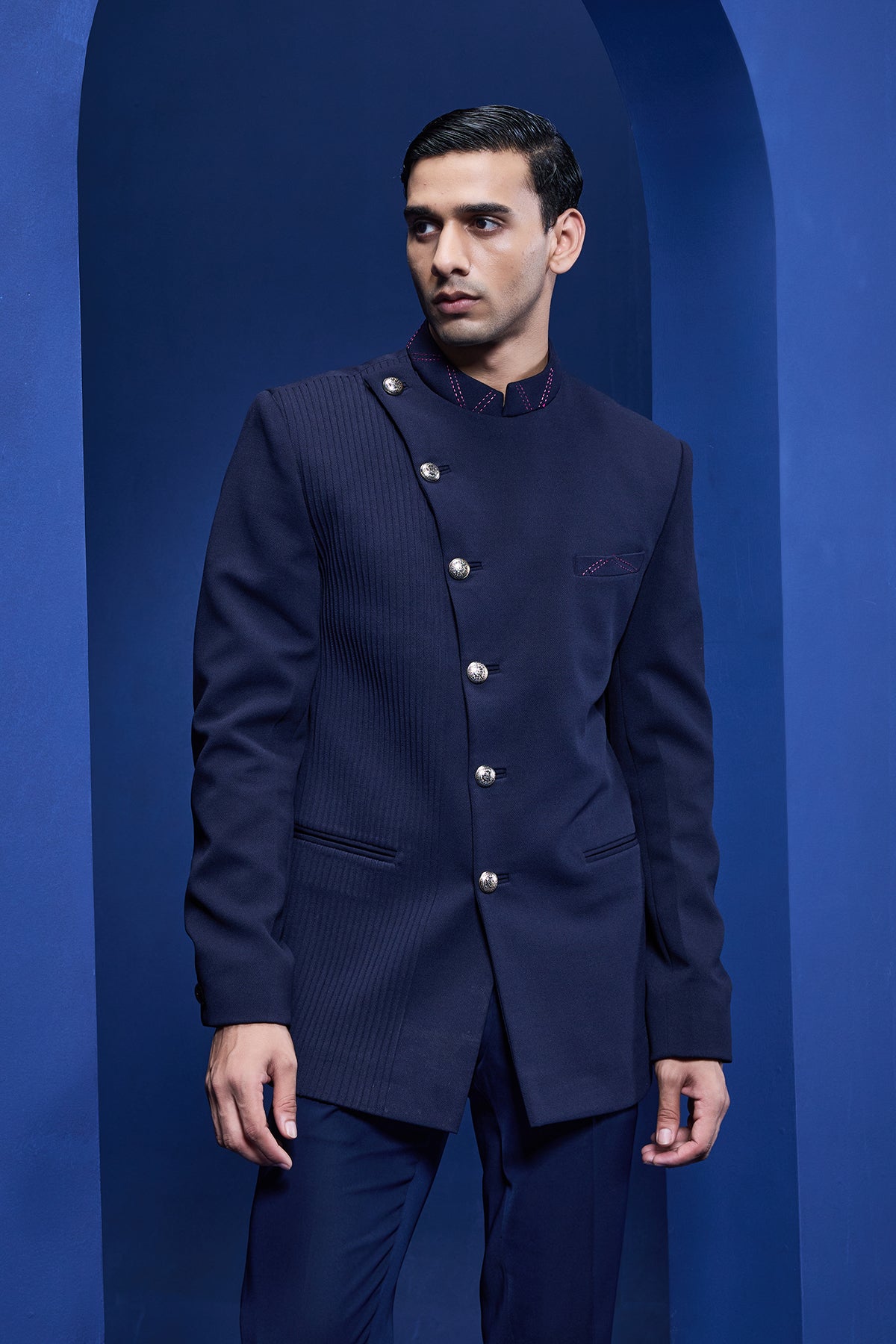 Navy Blue bandhgala detailing with golden button with side pintex