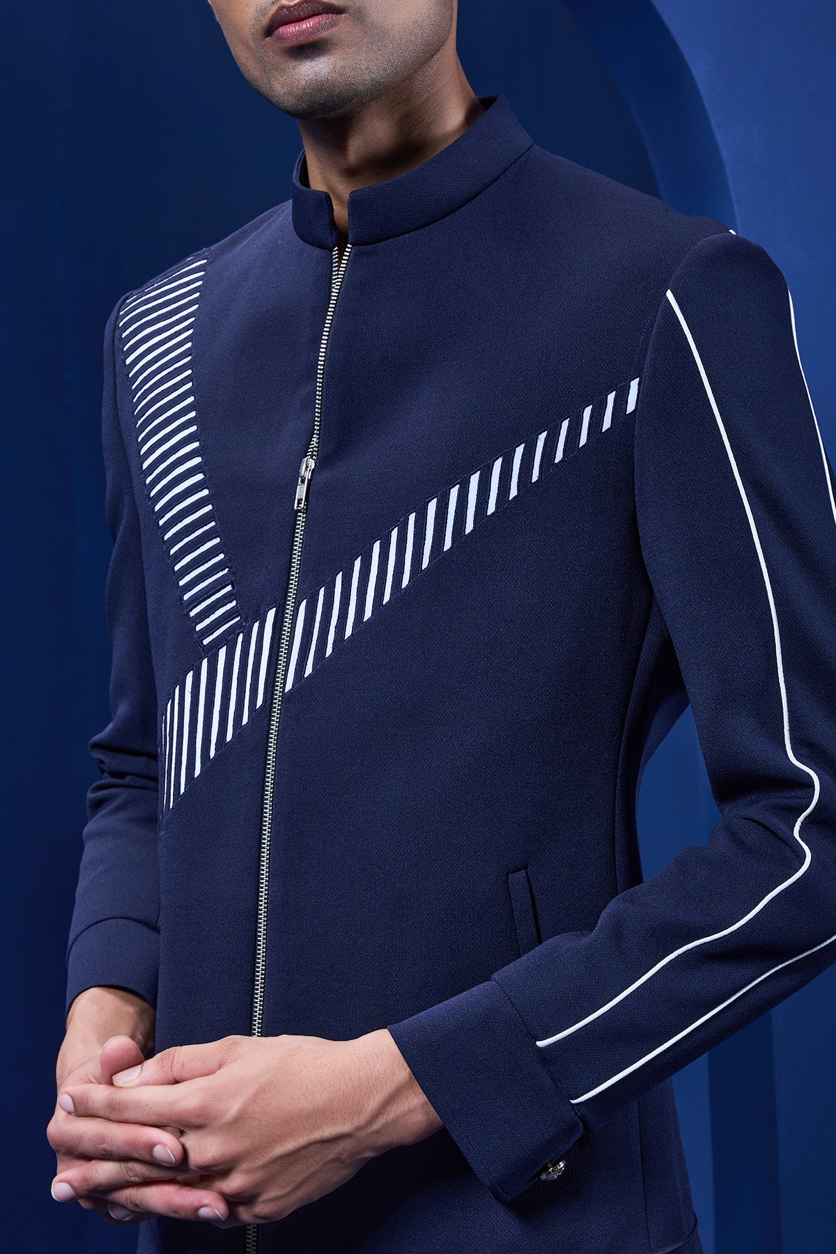 Navy blue jacket detailing with Aplic work and zipper