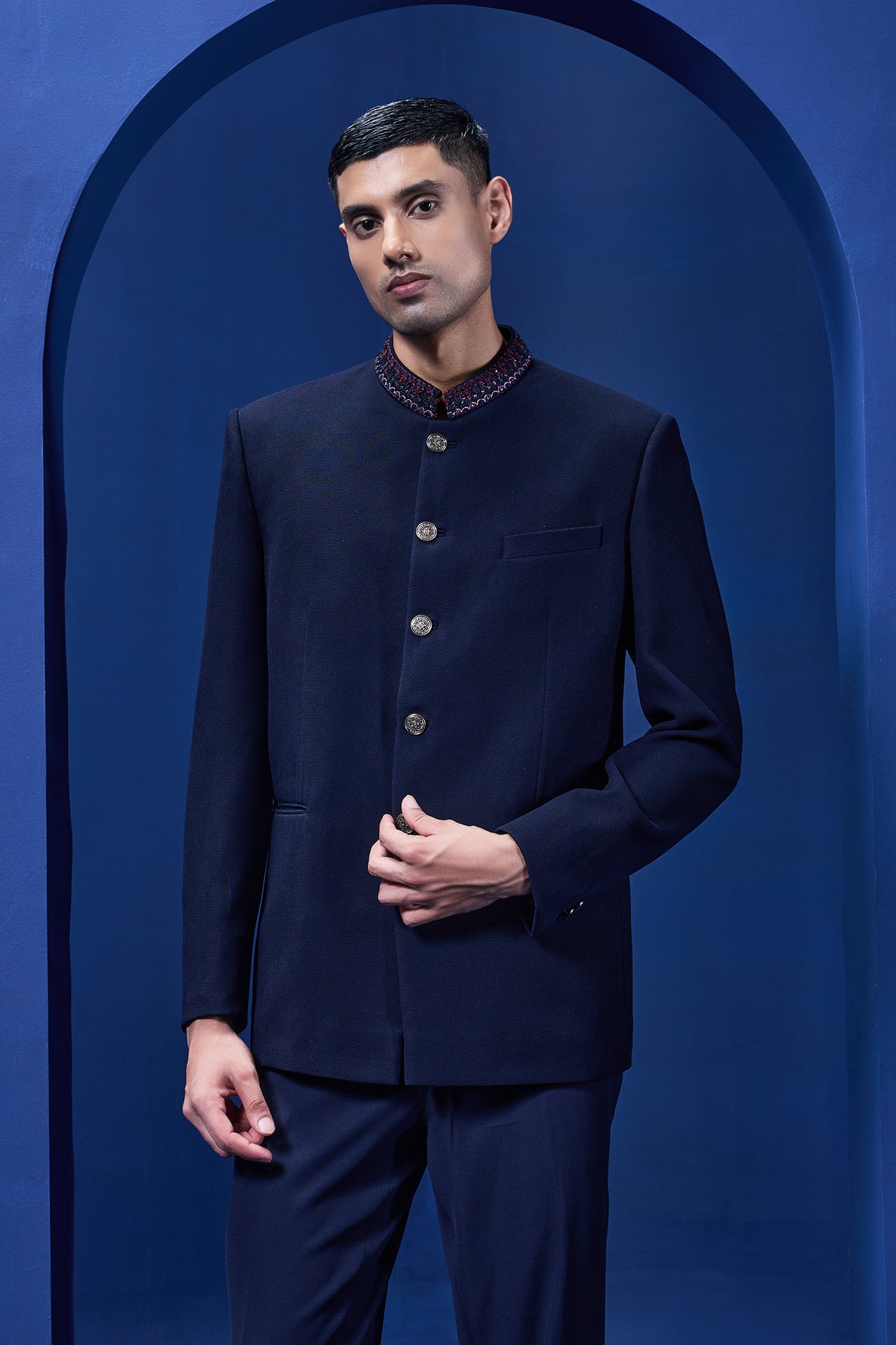Navy blue bandhgala detailing with golden button sequins cutdana and thread work