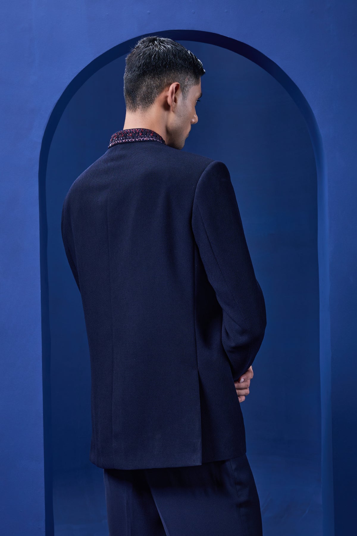 Navy blue bandhgala detailing with golden button sequins cutdana and thread work