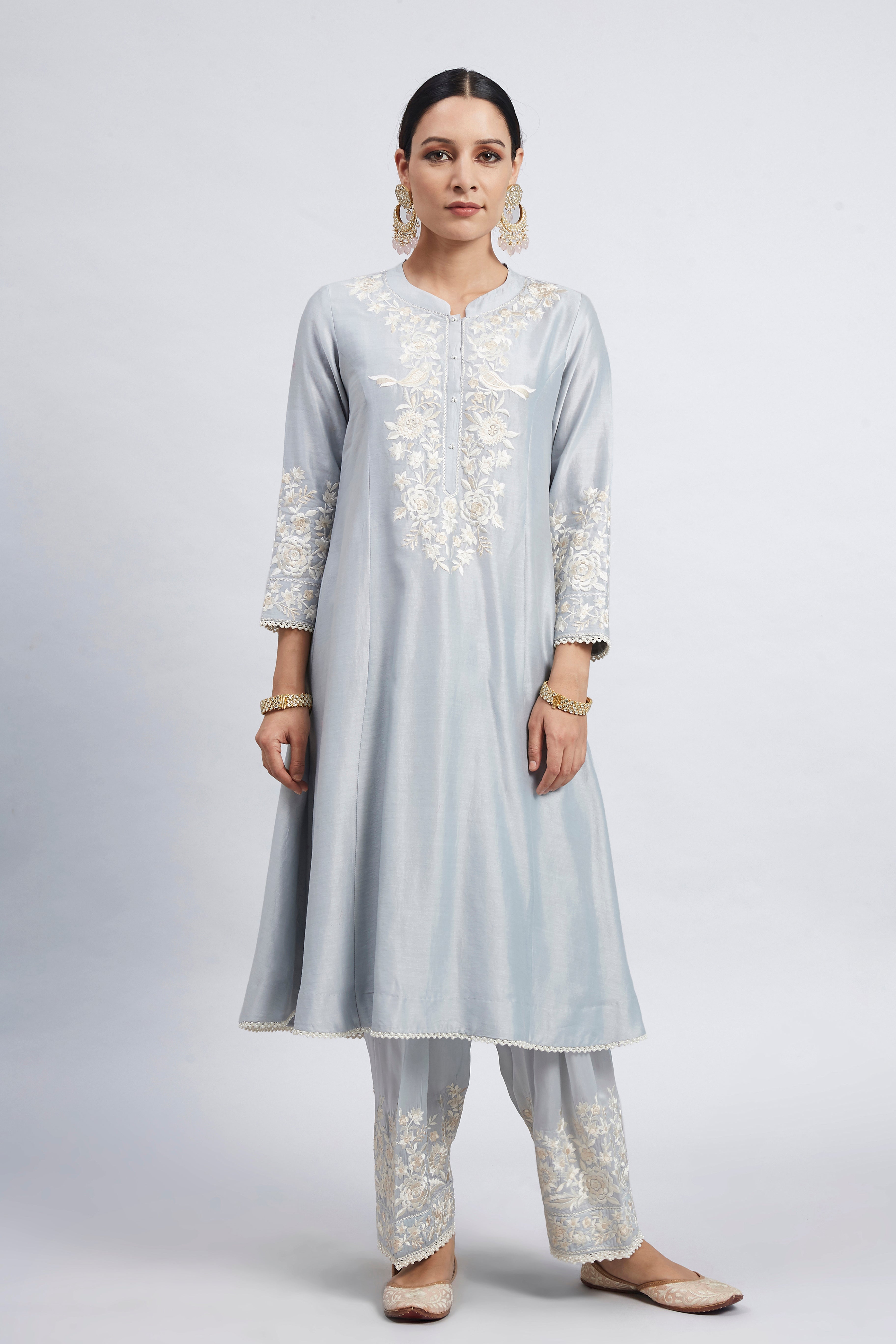 Kaina- Soft Blue Pure chanderi silk Parsi-gara Embroidered Ensemble