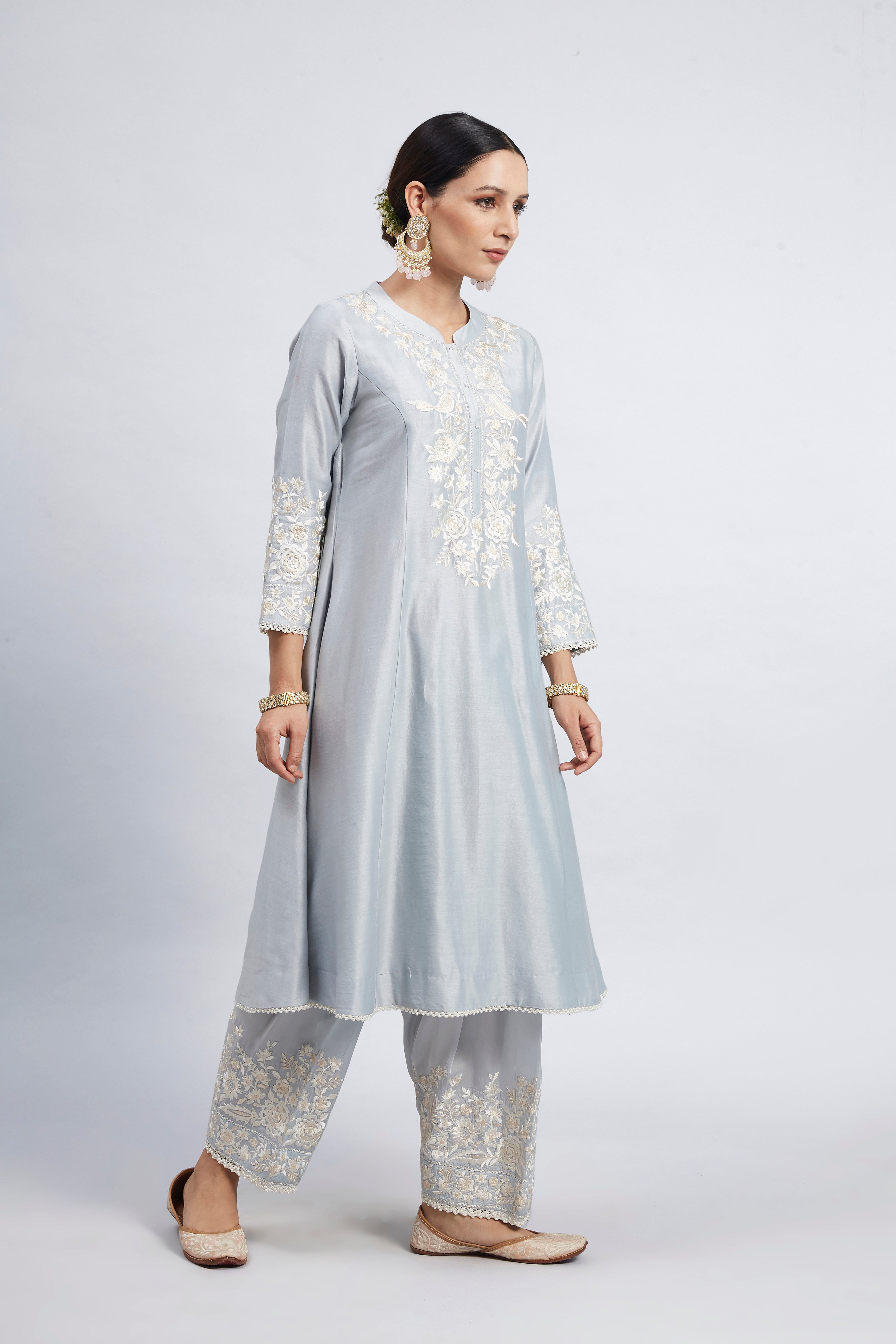 Kaina- Soft Blue Pure chanderi silk Parsi-gara Embroidered Ensemble