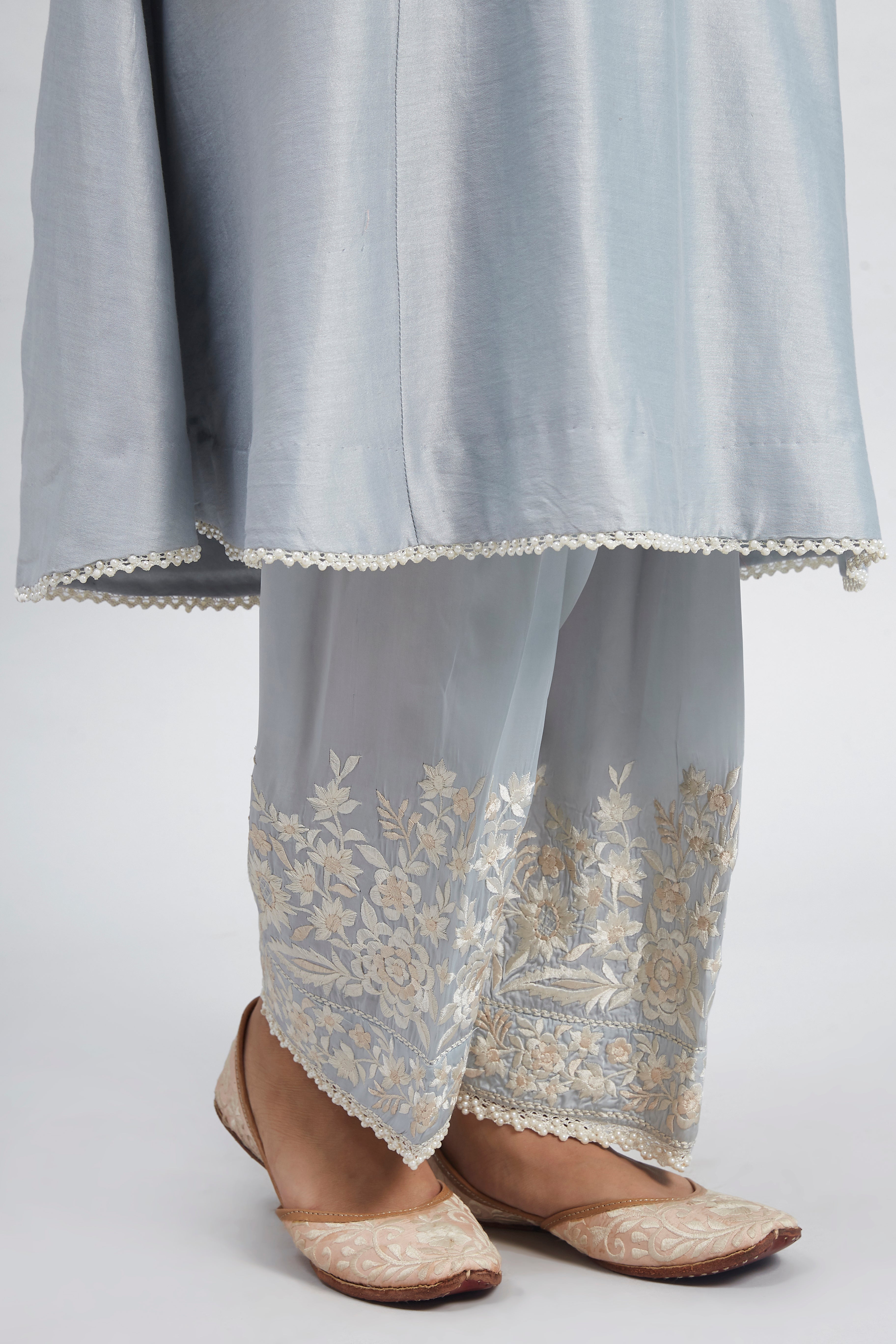 Kaina- Soft Blue Pure chanderi silk Parsi-gara Embroidered Ensemble