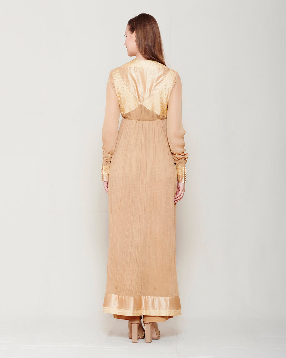 BEIGE CHIFFON FRONT OPEN ANGRAKHA WITH TOP AND TROUSER