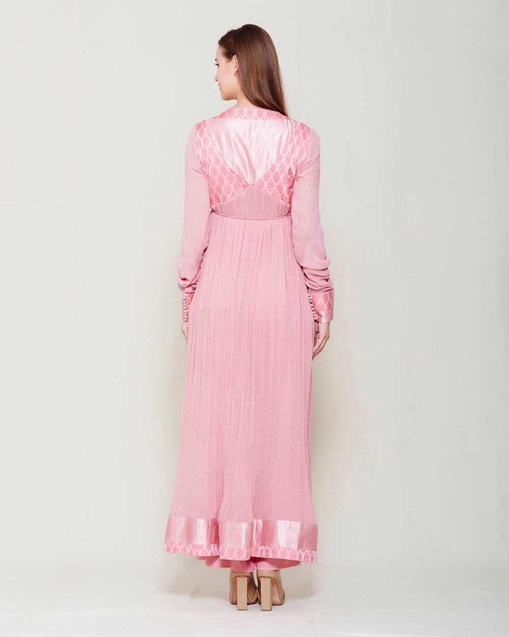 POWDER PINK CHIFFON FRONT OPEN ANGRAKHA WITH TOP AND TROUSER