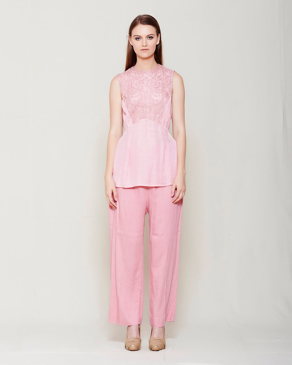 POWDER PINK CHIFFON FRONT OPEN ANGRAKHA WITH TOP AND TROUSER