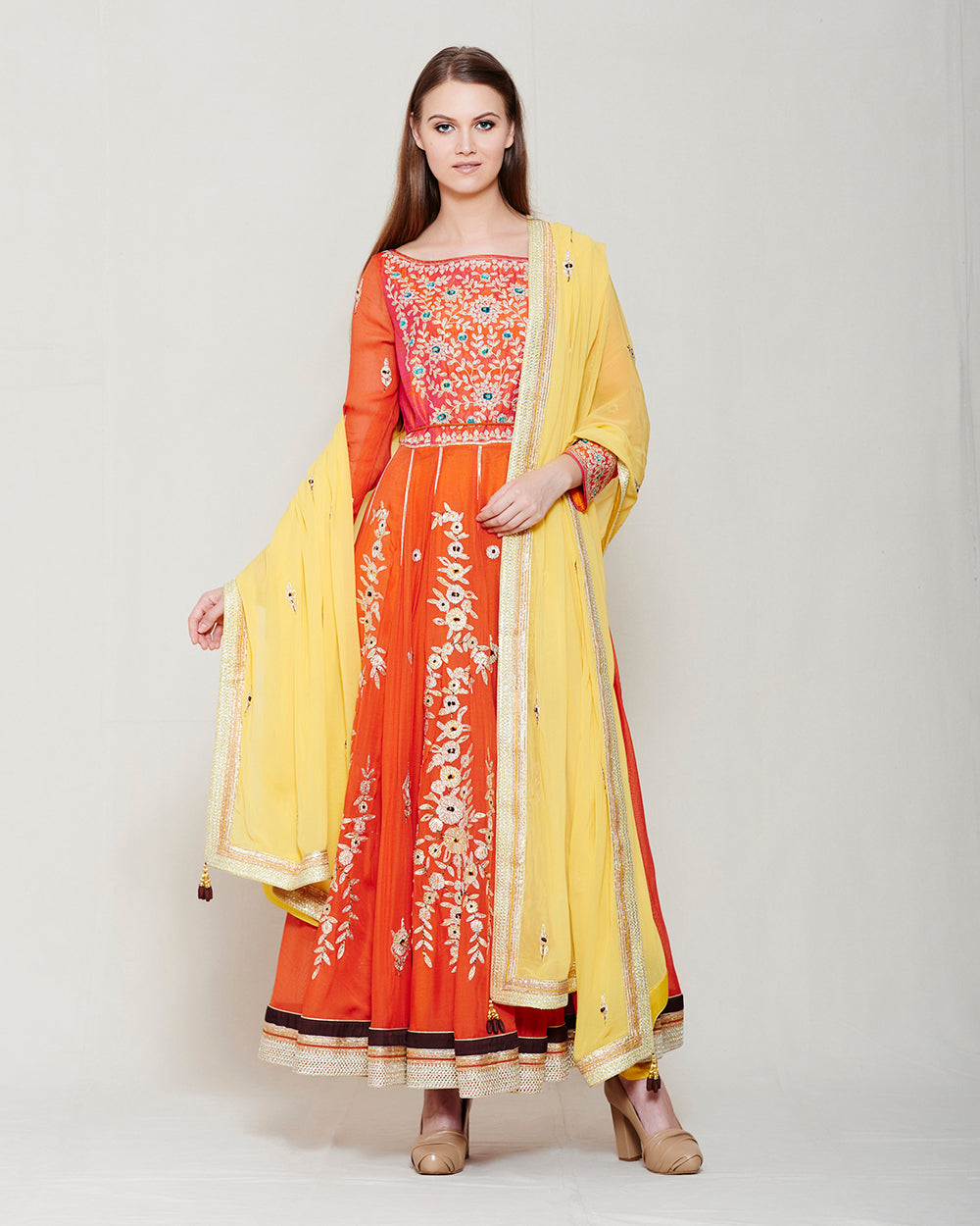 RUST ORANGE GOTA EMBROIDERED ANARKALI