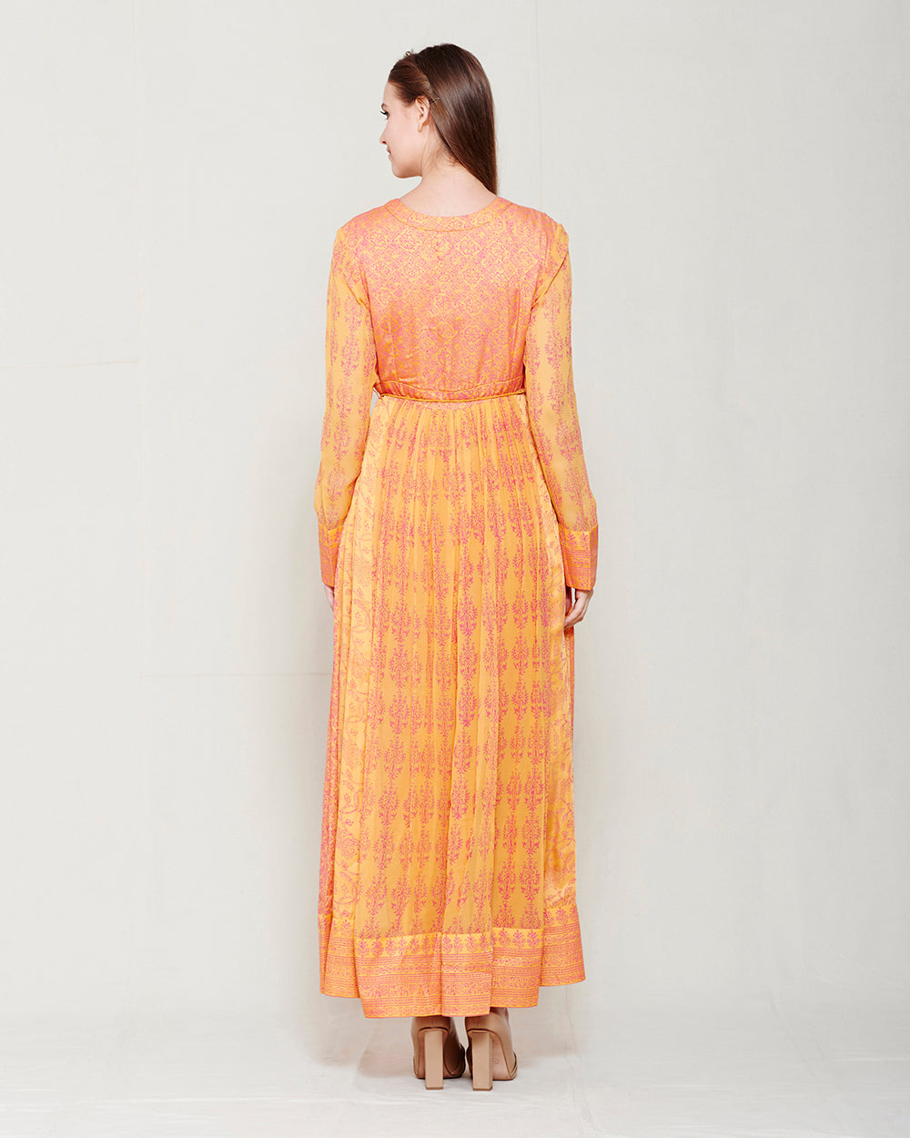 ORANGE PINK BLOCK PRINTED ANARKALI WITH GOTA THREAD WORK
