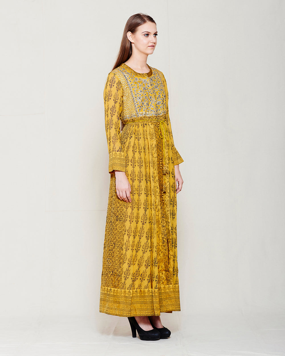 MUSTARD NAVY BLUE BLOCK PRINTED ANARKALI WITH GOTA THREAD WORK