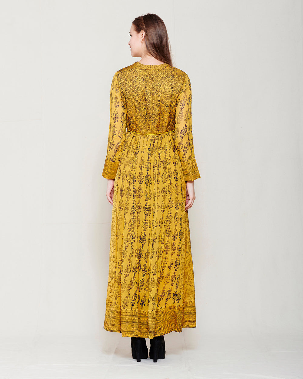 MUSTARD NAVY BLUE BLOCK PRINTED ANARKALI WITH GOTA THREAD WORK