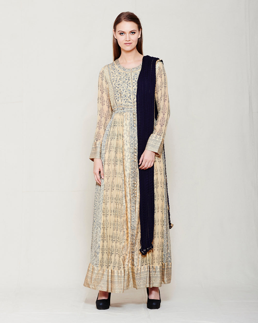 BEIGE NAVY BLUE BLOCK PRINTED ANARKALI WITH GOTA THREAD WORK