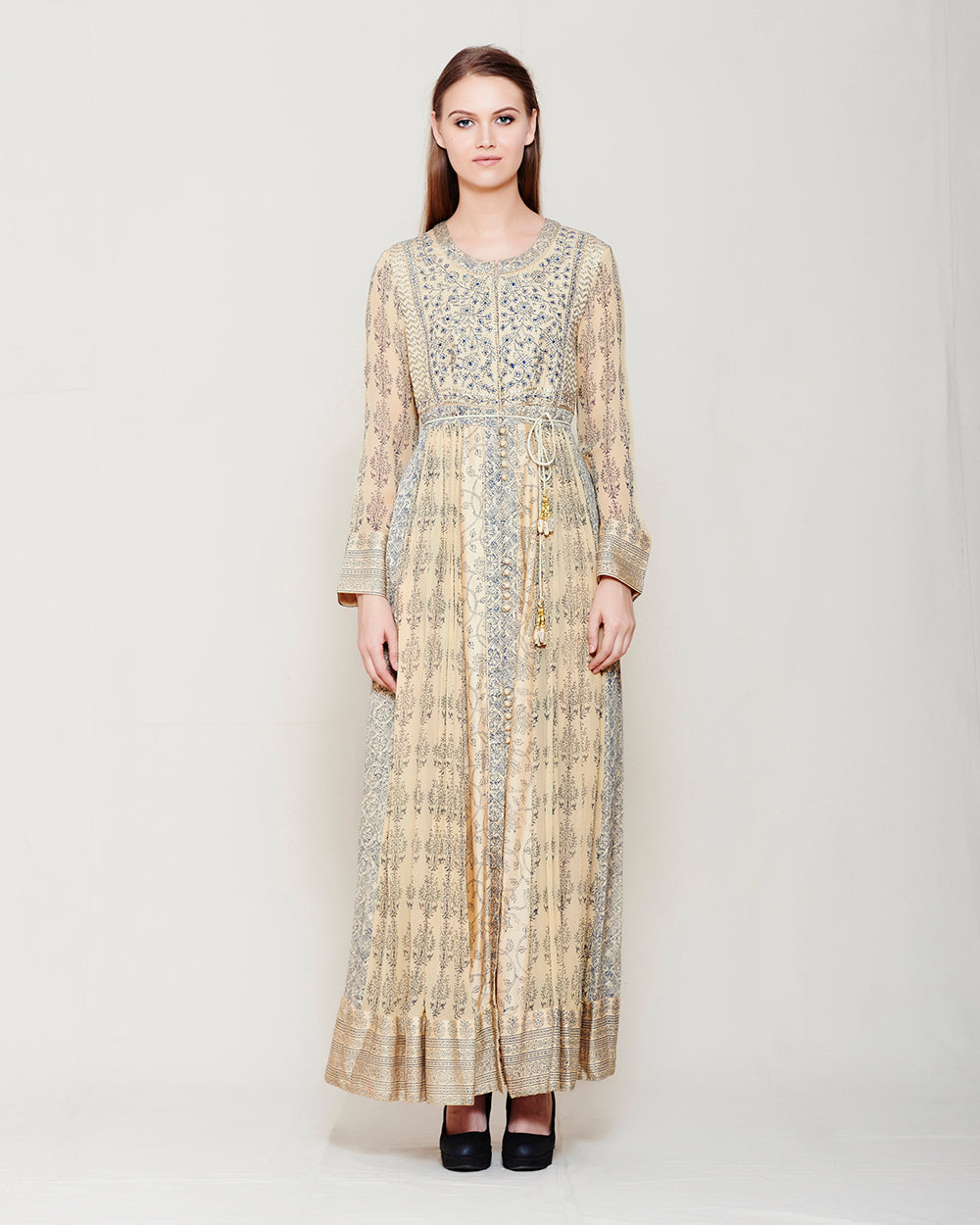 BEIGE NAVY BLUE BLOCK PRINTED ANARKALI WITH GOTA THREAD WORK