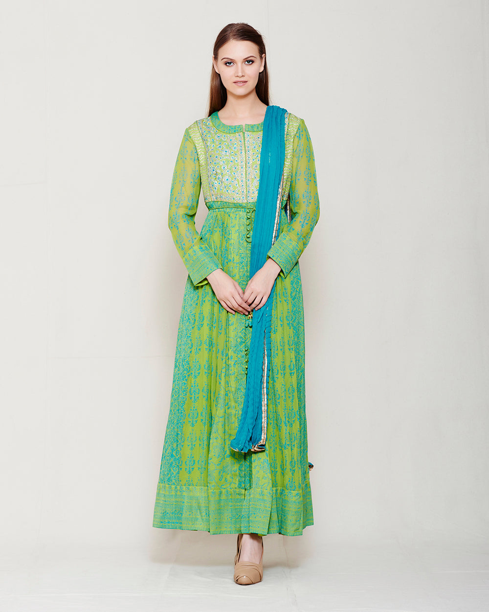 GREEN BLUE BLOCK PRINTED ANARKALI WITH GOTA THREAD WORK
