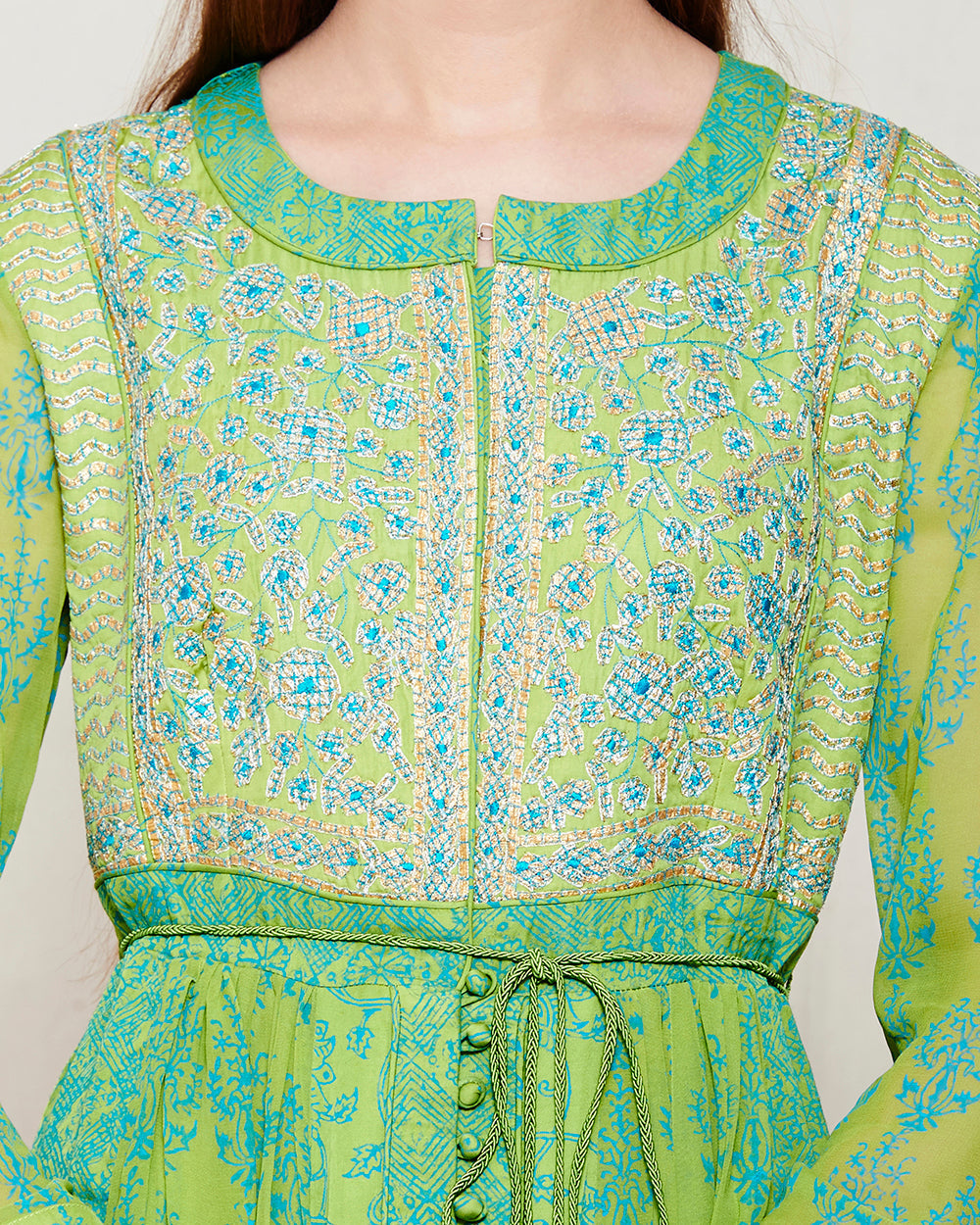GREEN BLUE BLOCK PRINTED ANARKALI WITH GOTA THREAD WORK