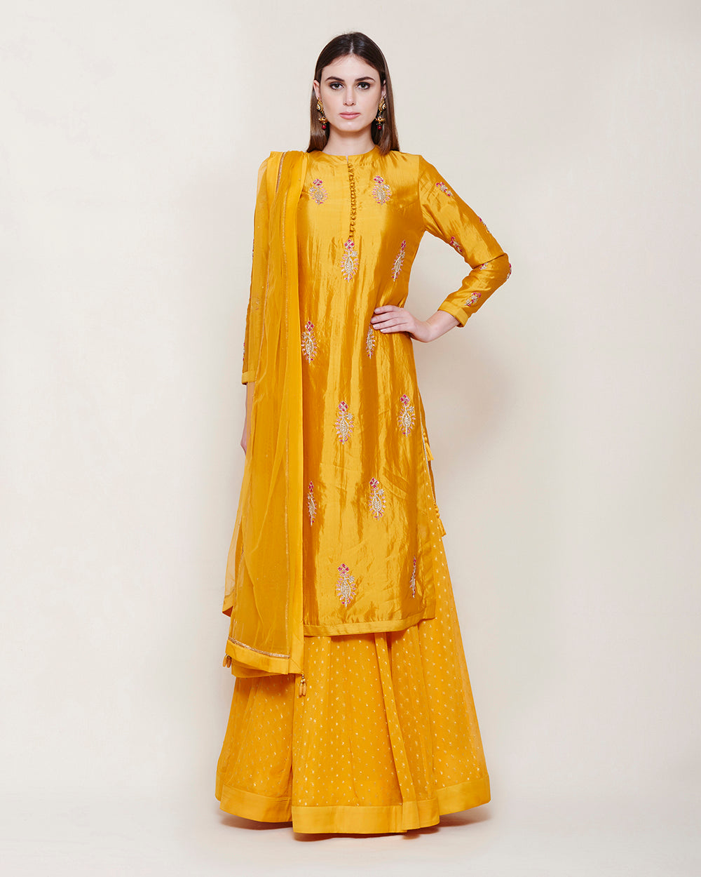 YELLOW ZARDOZI SILK KURTA LEHENGA