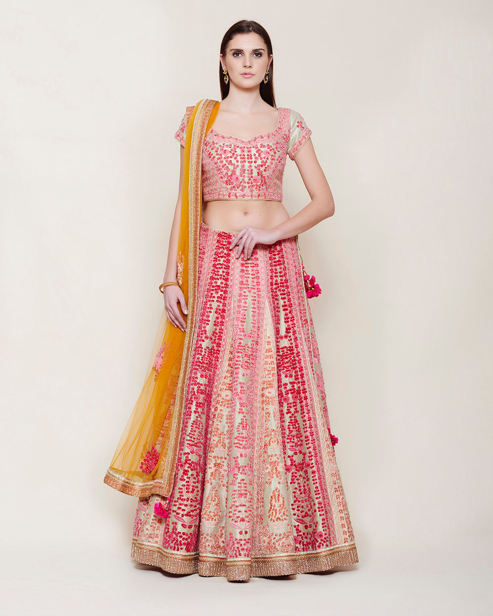 GOLD PINK THREAD VELVET EMBROIDERED LEHENGA