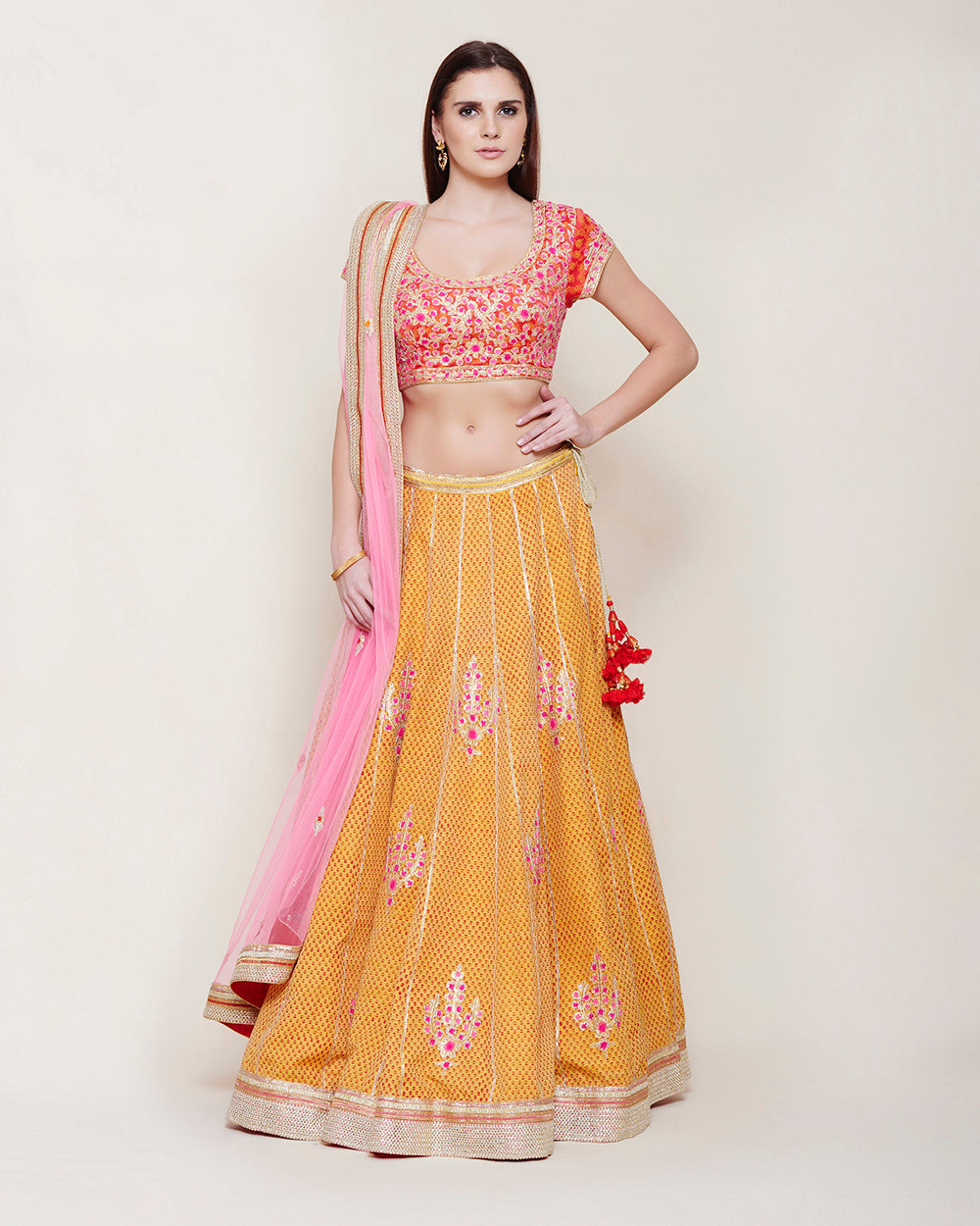 YELLOW BLOCK PRINTED RAW SILK LEHENGA