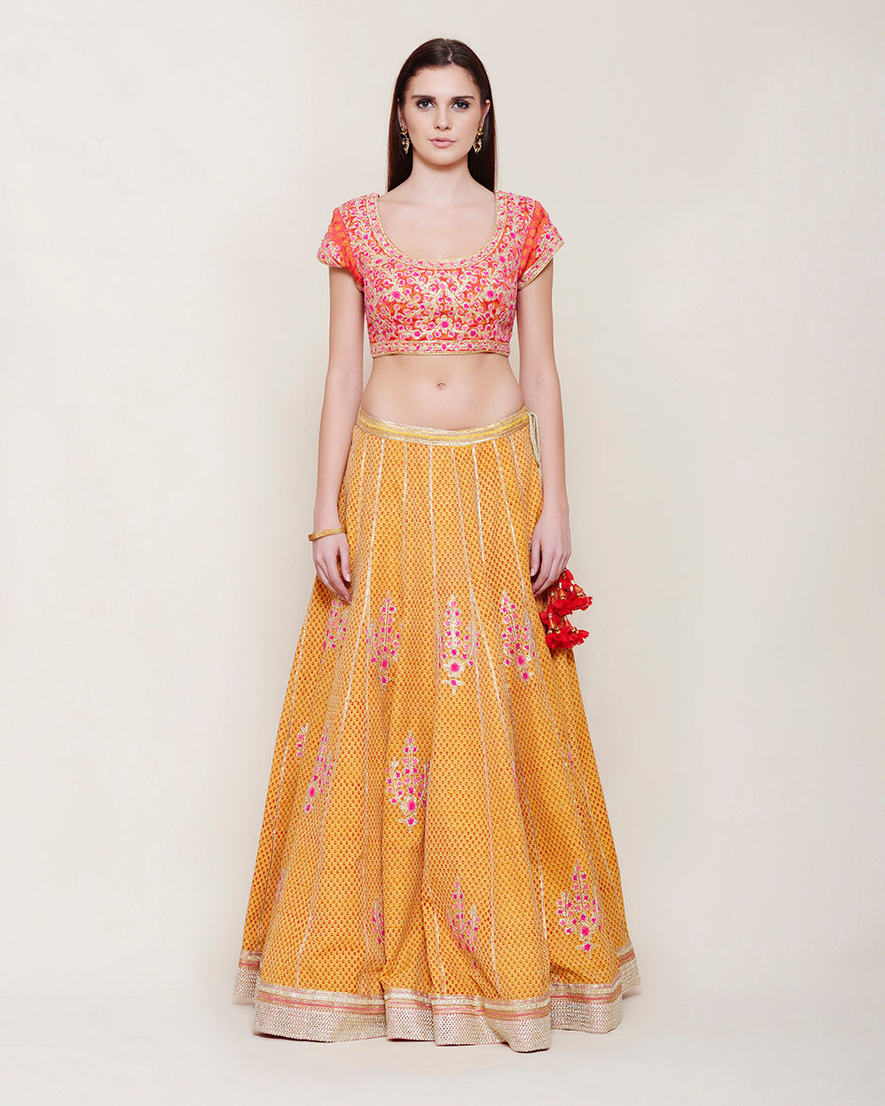 YELLOW BLOCK PRINTED RAW SILK LEHENGA