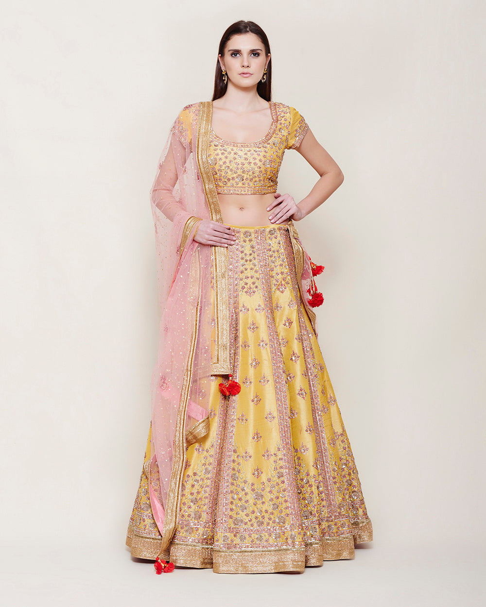YELLOW PINK GOLD ZARDOZI LEHENGA