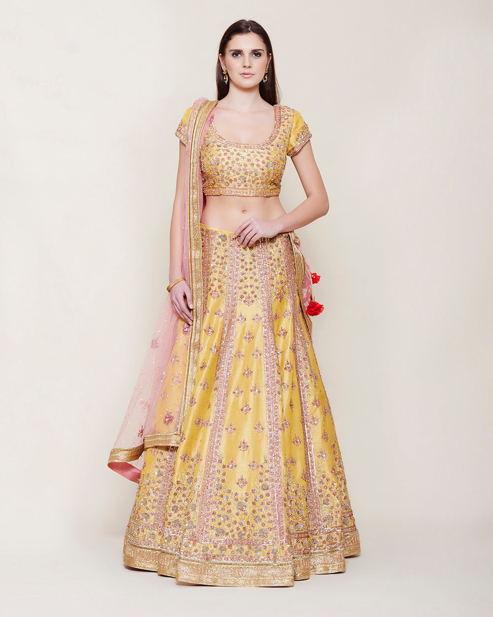 YELLOW PINK GOLD ZARDOZI LEHENGA