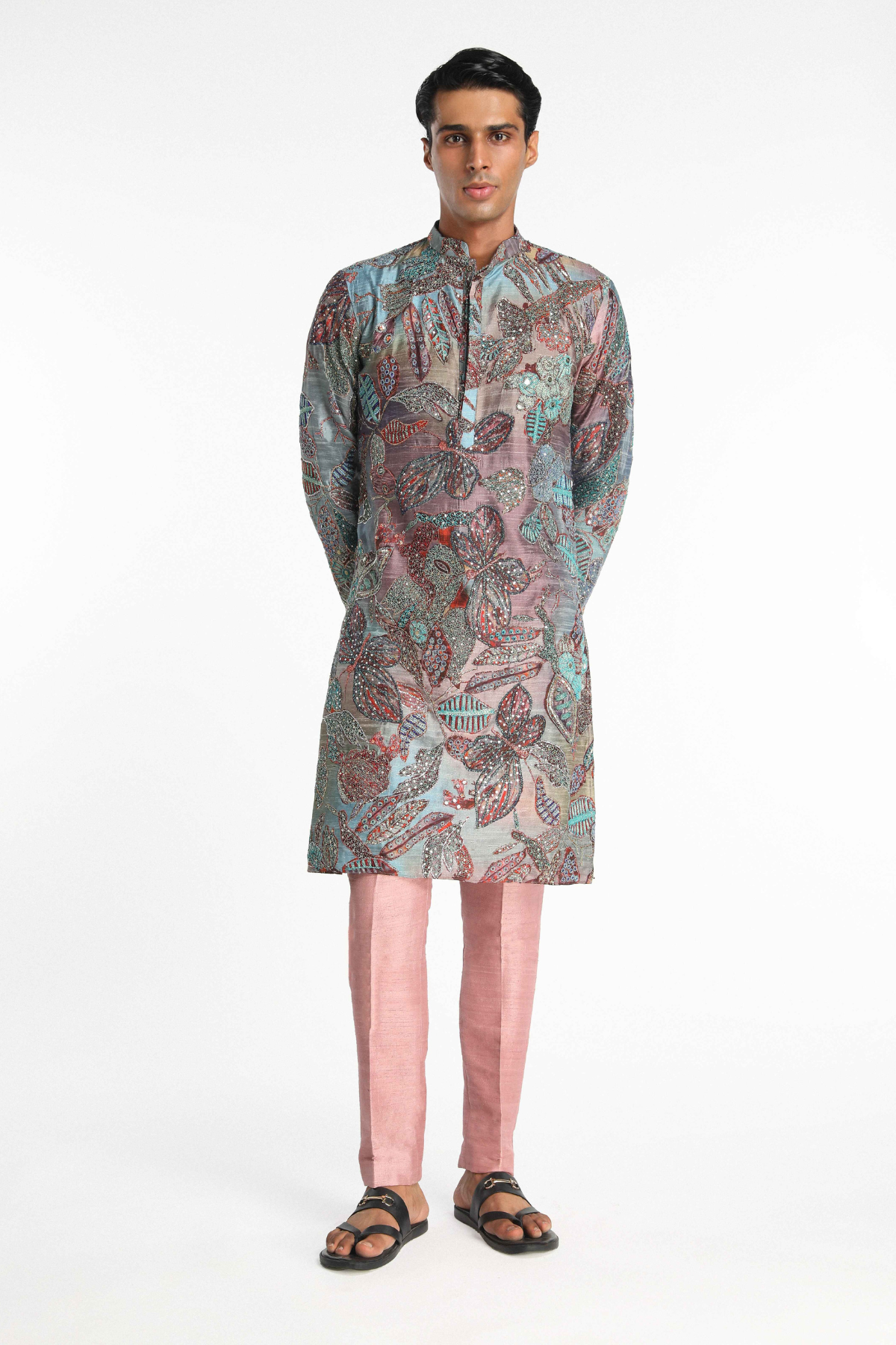 Vortex - Orange-Blue Raw Silk Kurta Set