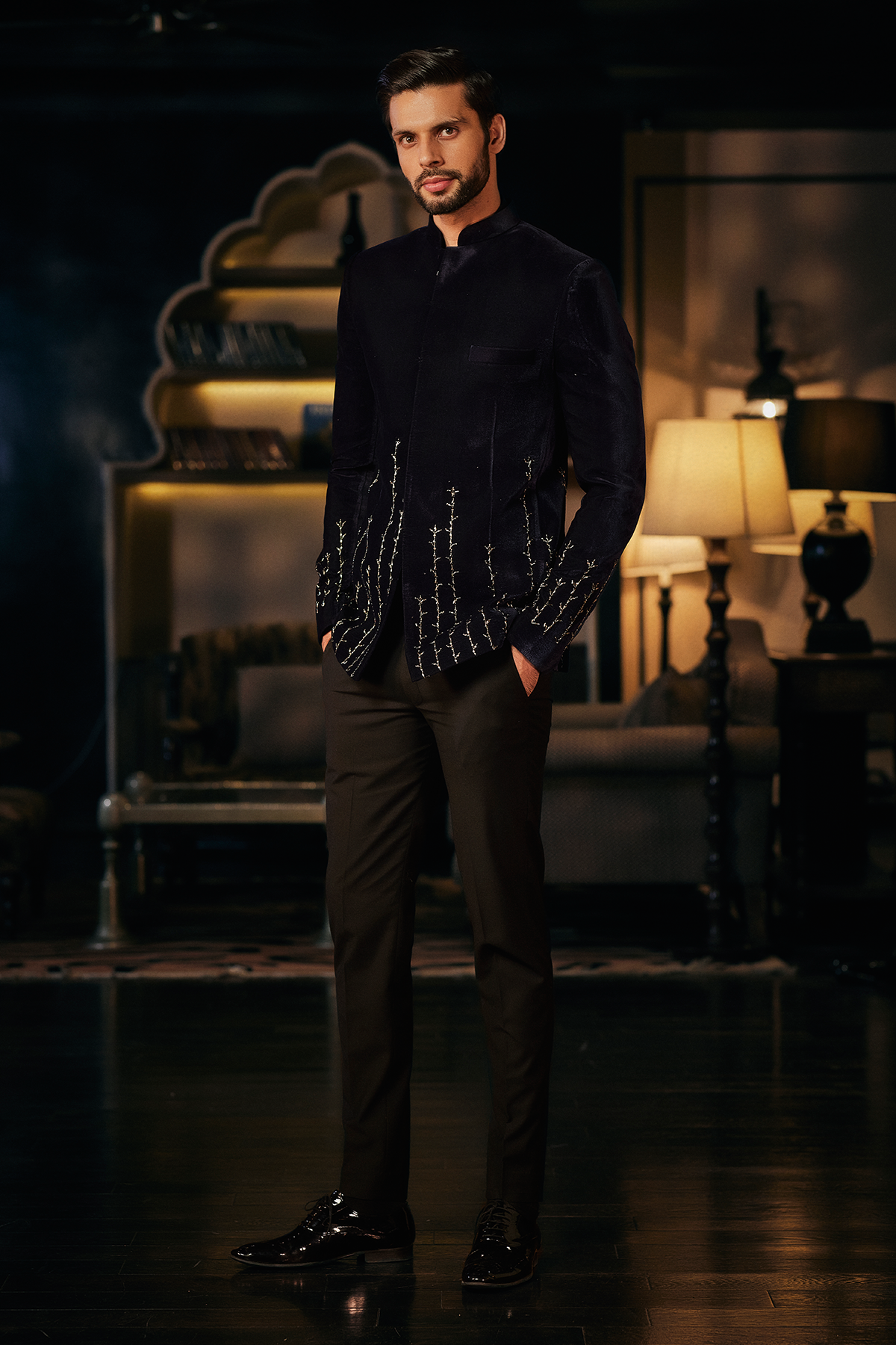 Midnight Blue Velvet Bandhgala