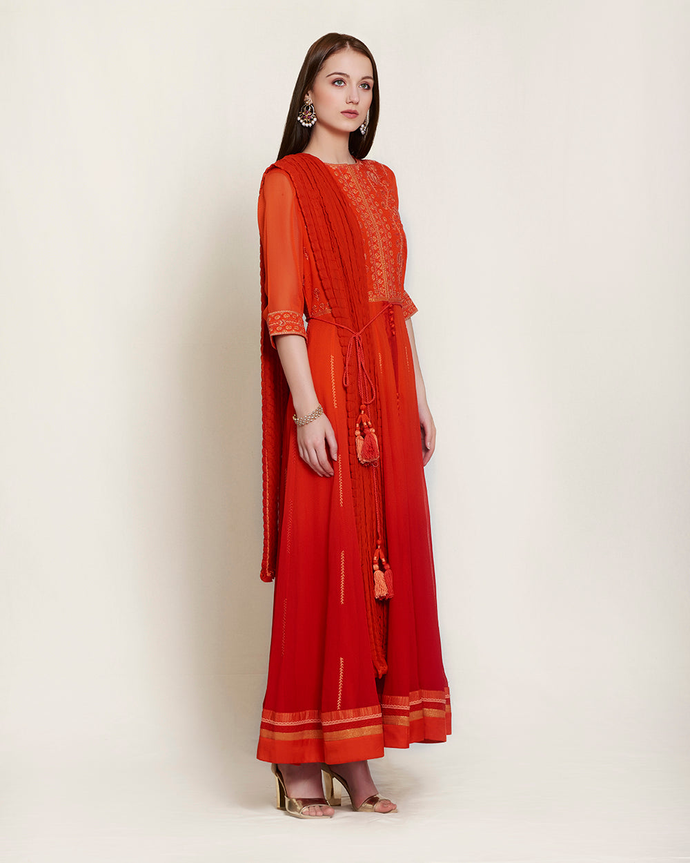 Brick red thread embroidered long kurta