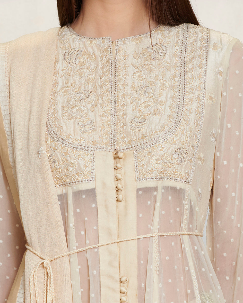 Beige silk, georgette and viscose thread work kurta with lehenga and dupatta