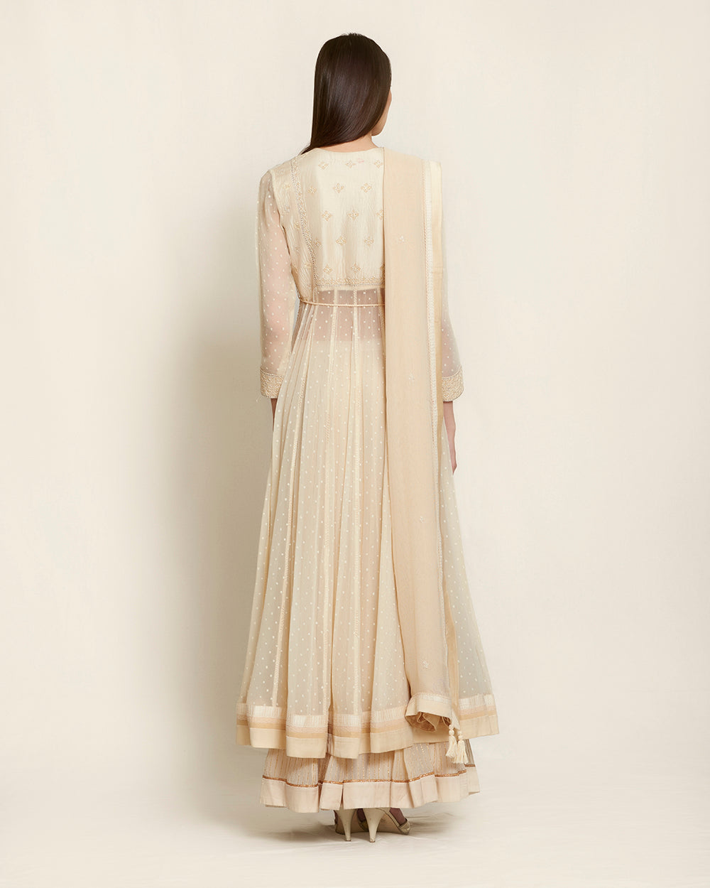 Beige silk, georgette and viscose thread work kurta with lehenga and dupatta