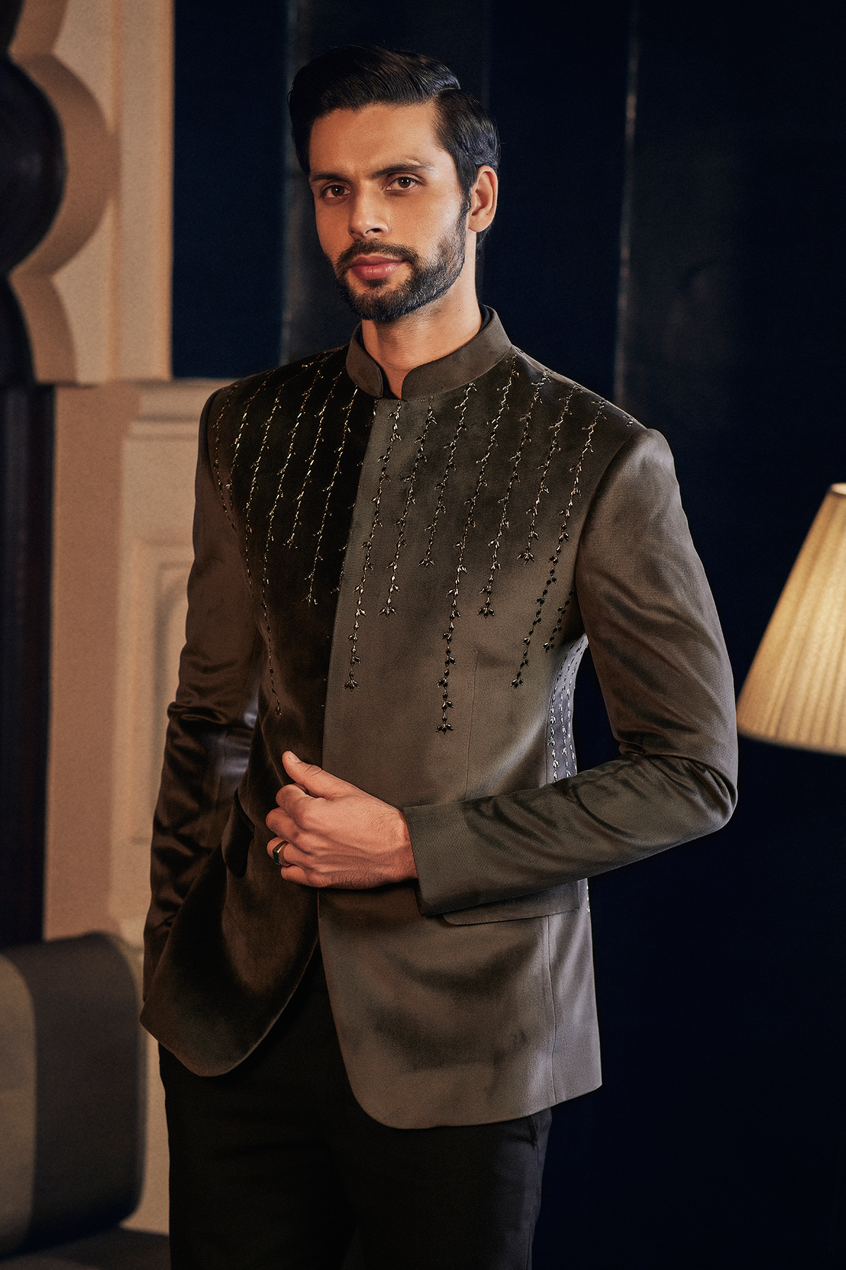 Steel Grey Velvet Bandhgala