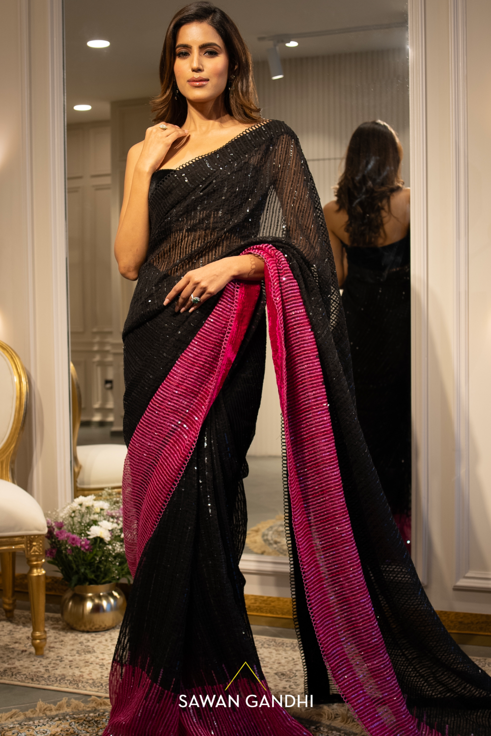 Black to hot pink sequins handloom organza saree