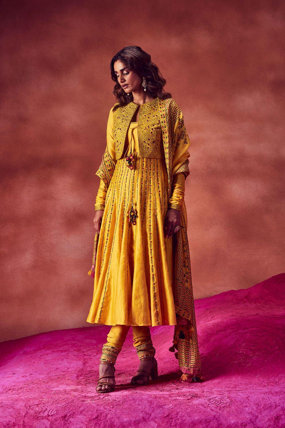 Yellow Resham Work Anarkali Paired With Jacket & Churidar