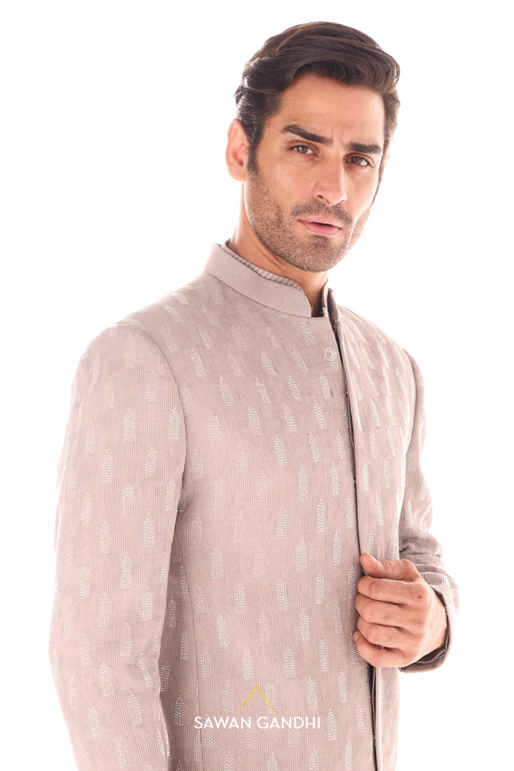 Taupe ruched bandhgala