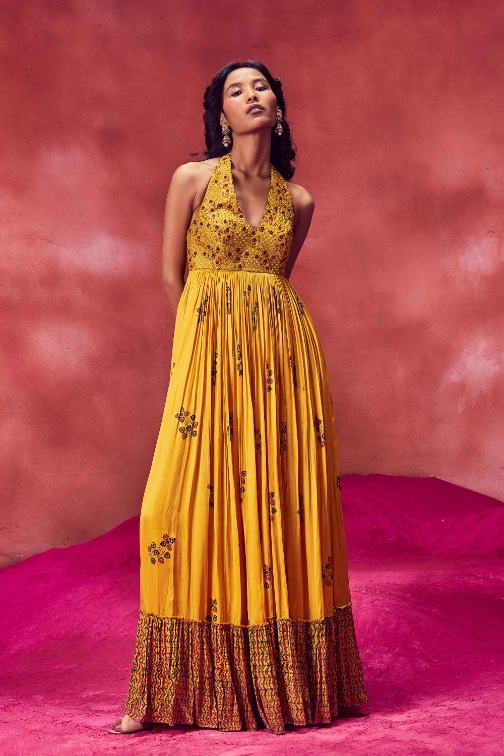Yellow Printed Long Crush Dress