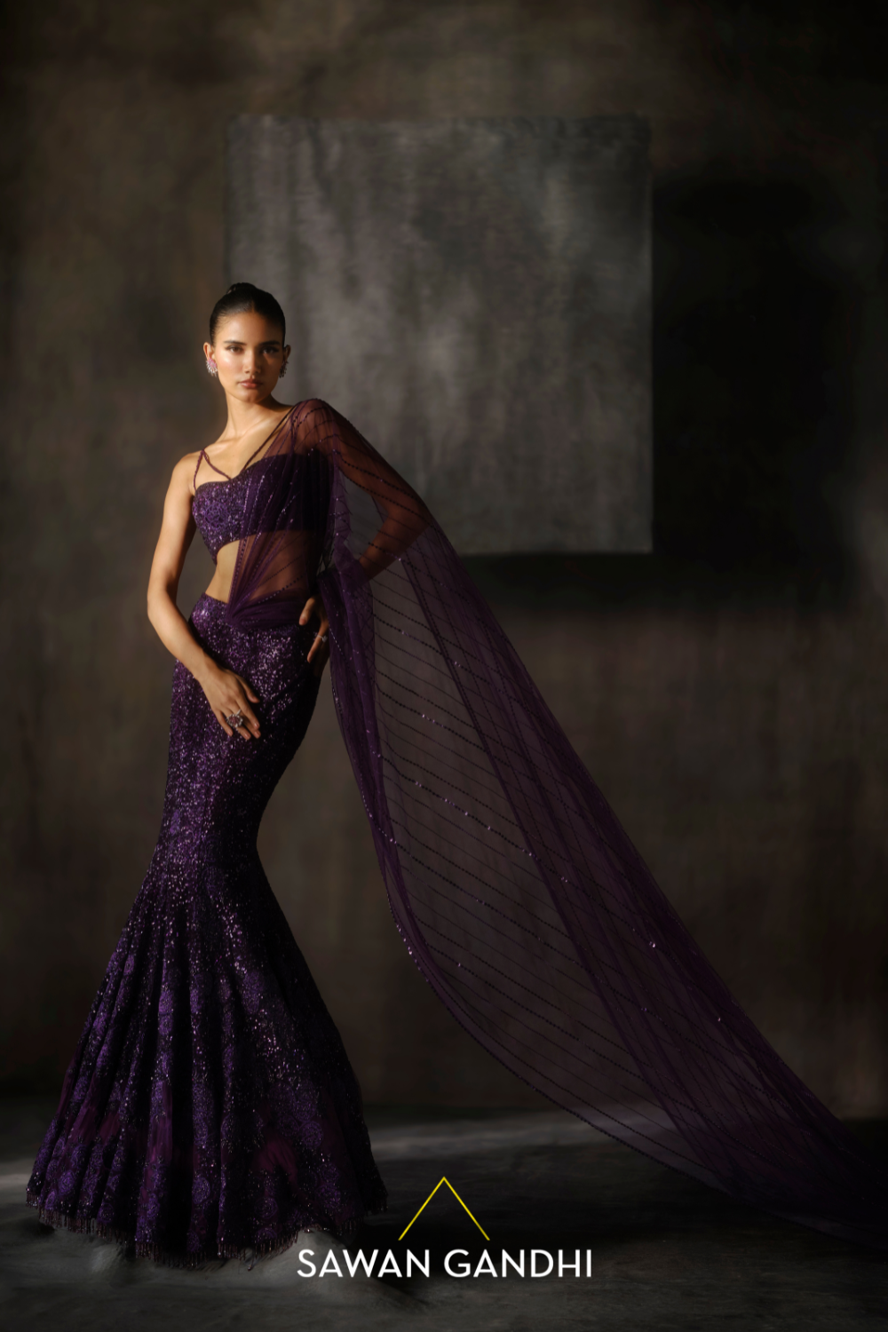 Wine fish cut lehenga