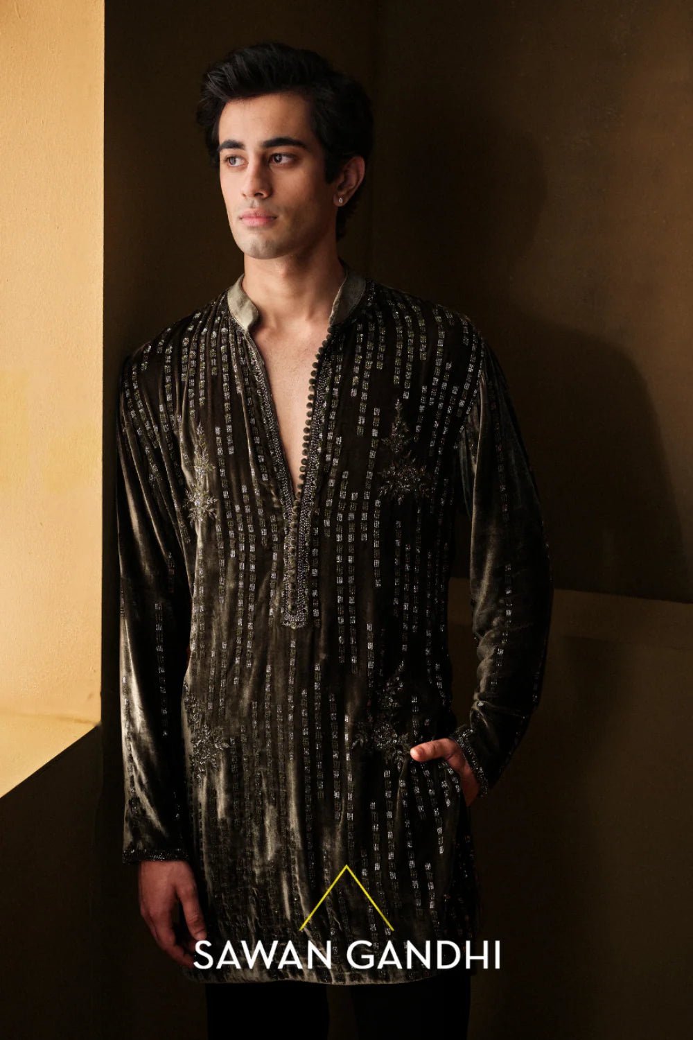 OLIVE GREEN VELVET KURTA