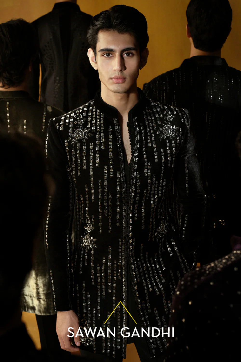 BLACK VELVET VERTICAL LINES BANDHGALA