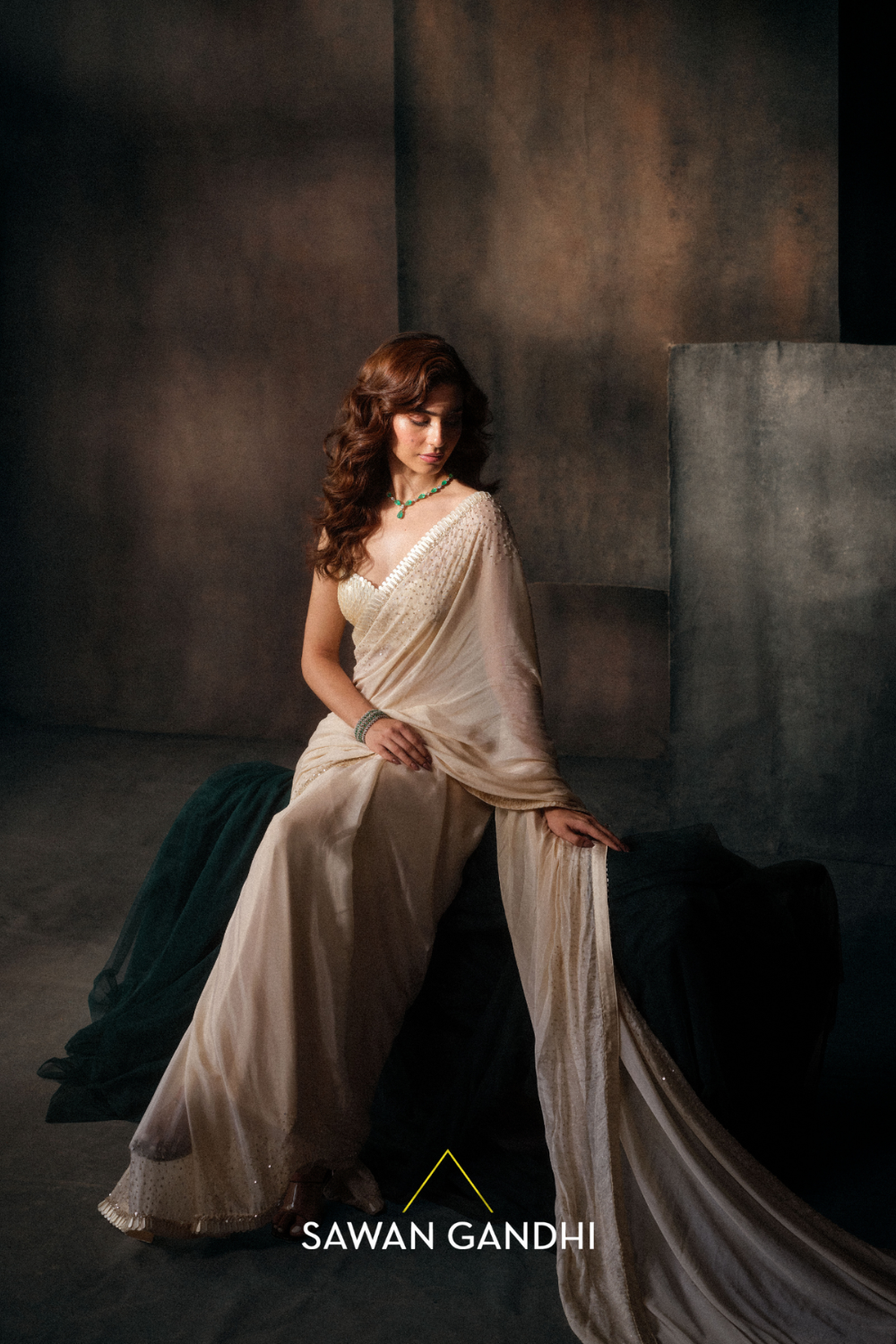 Ivory shell work and sequins saree