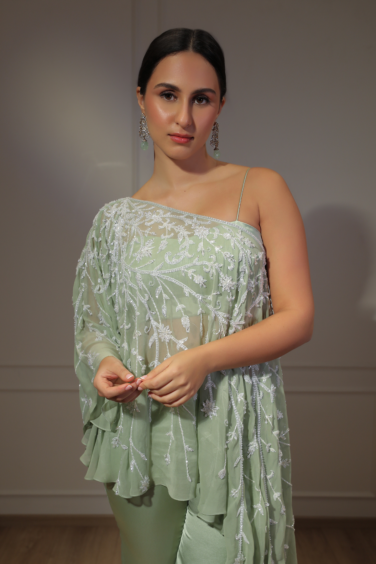 One Shoulder Floral Cape